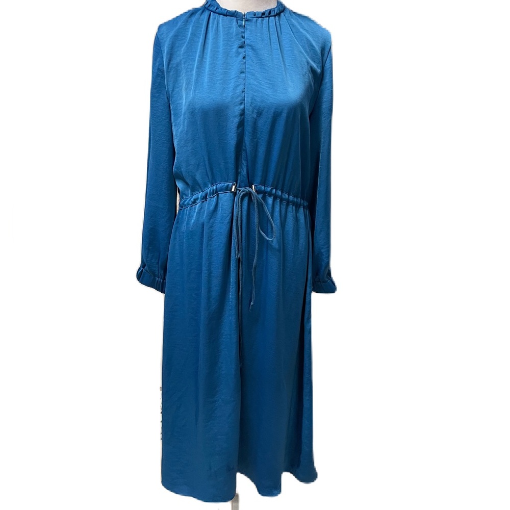 ENVI Blue Silky Elastic Drawstring Waist Long Sleeve Midi Dress Size Small - Picture 2 of 15